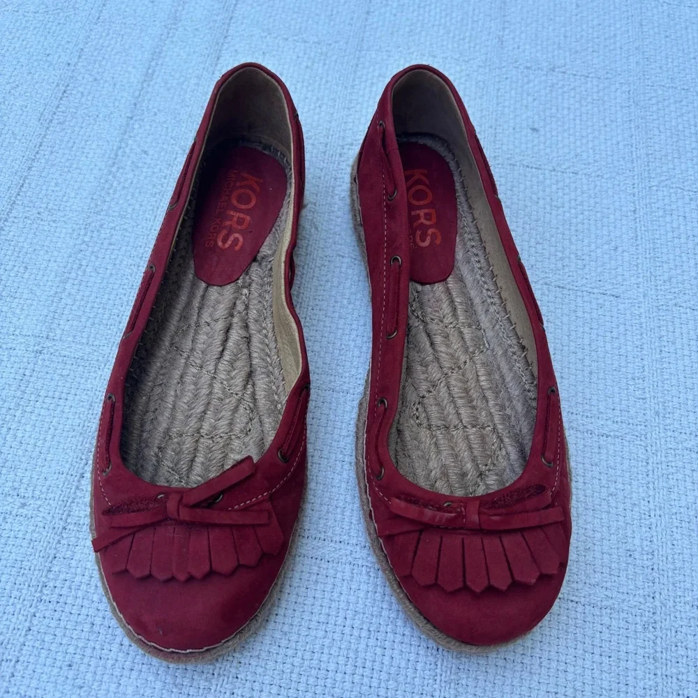 Women's 7 Y2K KORS Michael Kors Red Suede Espadrille Kiltie Bow Moc Toe Flats